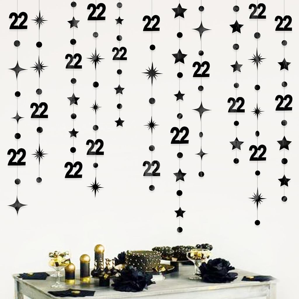 Black 22nd Birthday Decorations Number 22 Circle Dot Star Garland Streamer Bunting Banner Backdrop f