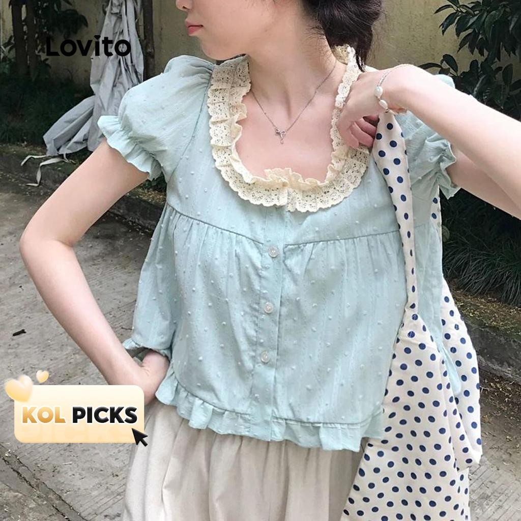 (KOL‘s pick) Lovito เสื้อลําลองเสื้อลูกไม้ธรรมดาสําหรับผู้หญิง LNA58212