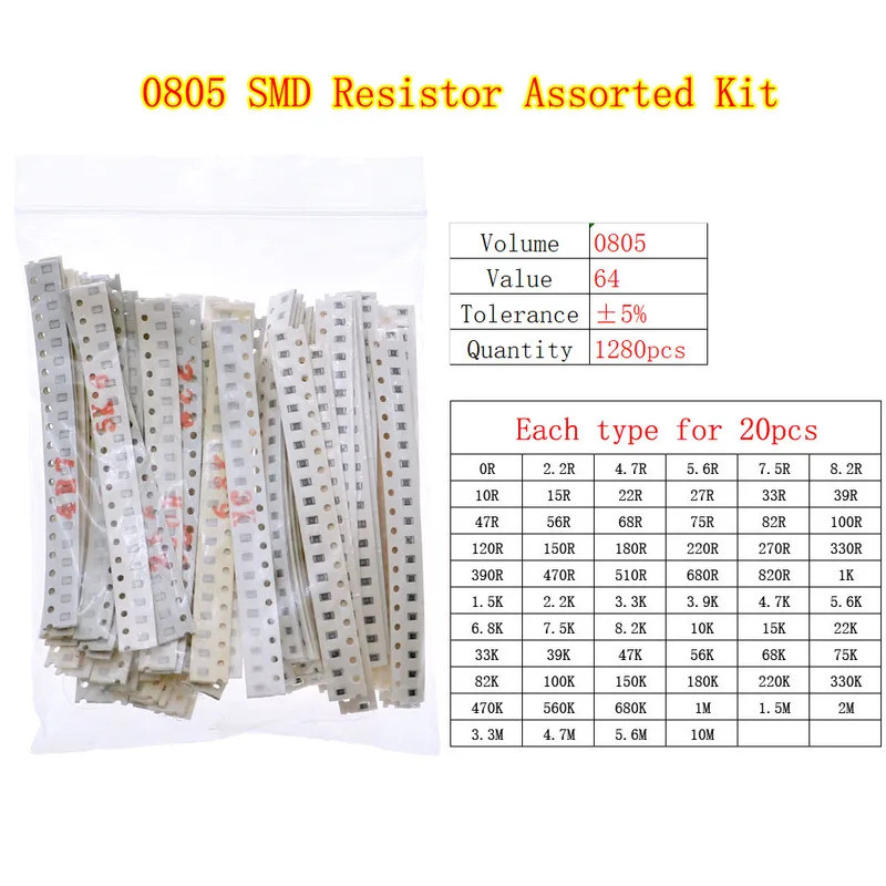 1280 ชิ้น/ล็อต 64 ค่า 0805 ตัวต้านทาน SMD 0ohm-10Mohm Assortment Kit 5% 0.125W ความต้านทานแพ็ค