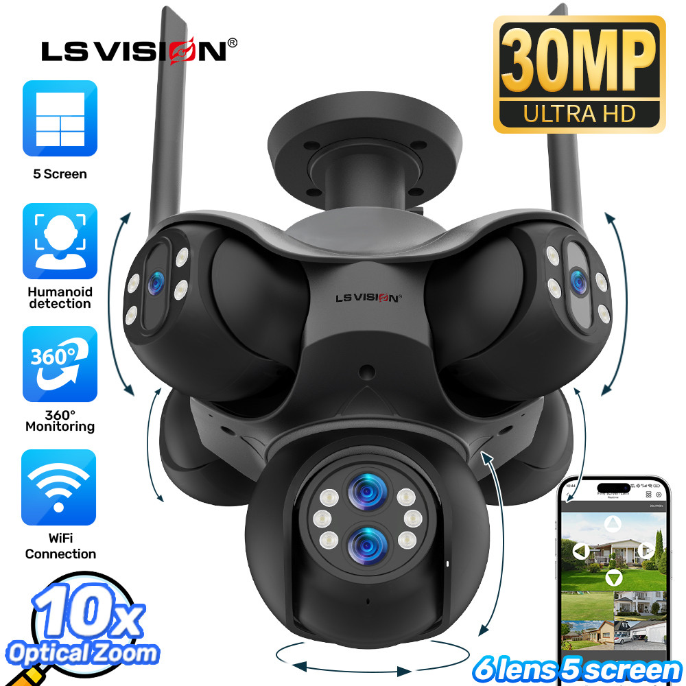 LS VISION 10MP กล้อง PTZ 5 เลนส์ 10X ซูม 360° การเฝ้าระวังแบบซิงโครนัส 5 ทิศทาง 10X ซูม AI การติดตามอัตโนมัติ 2-Way Talk WiFi/Ethernet IP66 กันน้ํา