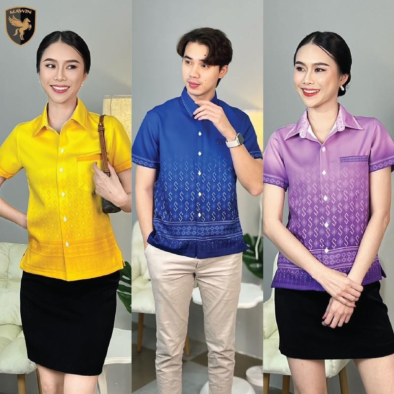 MAWIN เสื้อเชิ๊ตลายไทย ลายขอวิจิตร ใส่ได้ทั้ง ผู้ชาย และ ผู้หญิง Shirt Clothing