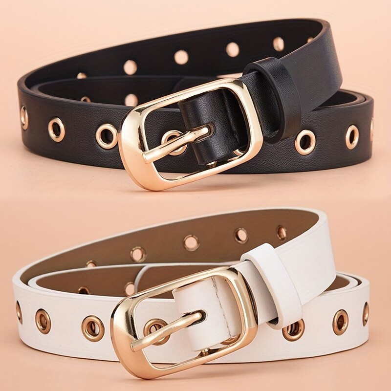 1pc New Women's Belt Fashion Metal Eyelet Belt No Punching Hollow PU Leather Belt Paired with Jeans 