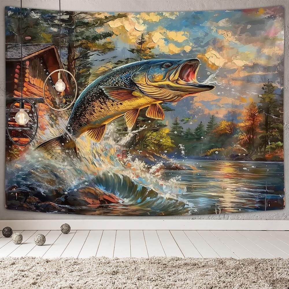 Xguatan Rustic Cabin Tapestry, Country Lodge Bass Fish Lake Fishing Tapestry แขวนผนัง, ตลก RV Farmho