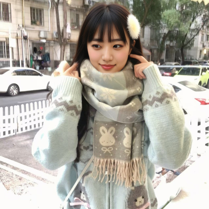 ผ้าพันคอนักเรียนลายการ์ตูนกระต่าย อบอุ่น นุ่มนวล สำหรับเด็กหญิง WJ123