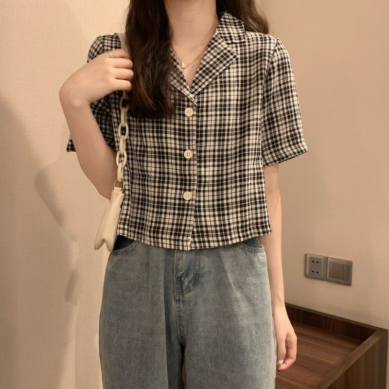 College Style Chubby Sister Plaid Suit Collar Short Shirt Women's Summer Loose Slimming Retro Hong K