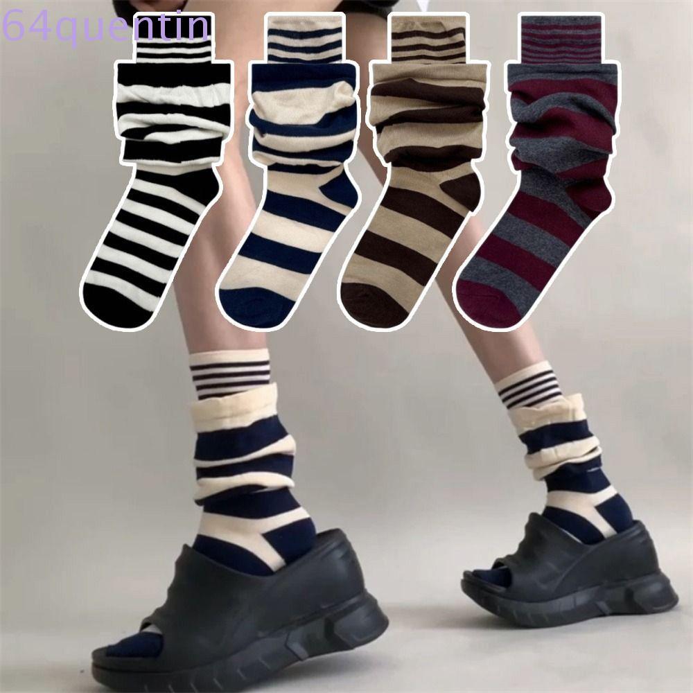 QUENTIN 4 คู่ Ruffle Stripe Stocking, ปลอมสองชิ้นหลวมลายถุงเท้ากอง, Heap ถุงเท้า Warm Patchwork นุ่ม