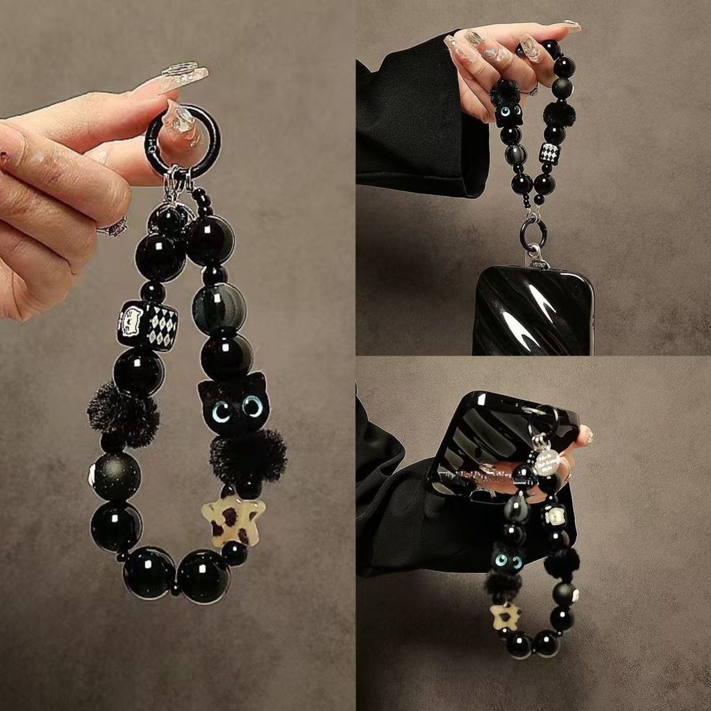 Niche Senior Black Plush Cat Phone Lanyard Beadedugduvianzi