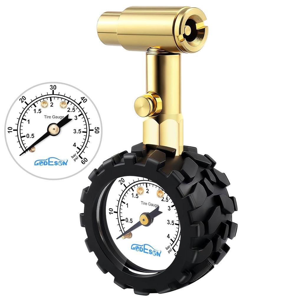 GODEOSN Bike Tire Pressure Gauge - Dual Head for Schrader & Presta Valves,0-60 PSI / 4 BAR Range, 1.