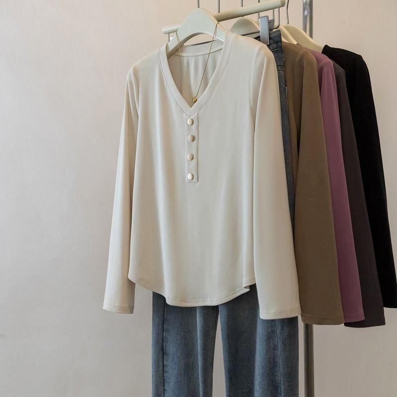 150 กก. Plus ขนาดเสื้อผ้าผู้หญิงไขมัน mmV คอแขนยาวเสื้อยืดผู้หญิงฤดูใบไม้ร่วงฤดูใบไม้ร่วง Slimmer ดู