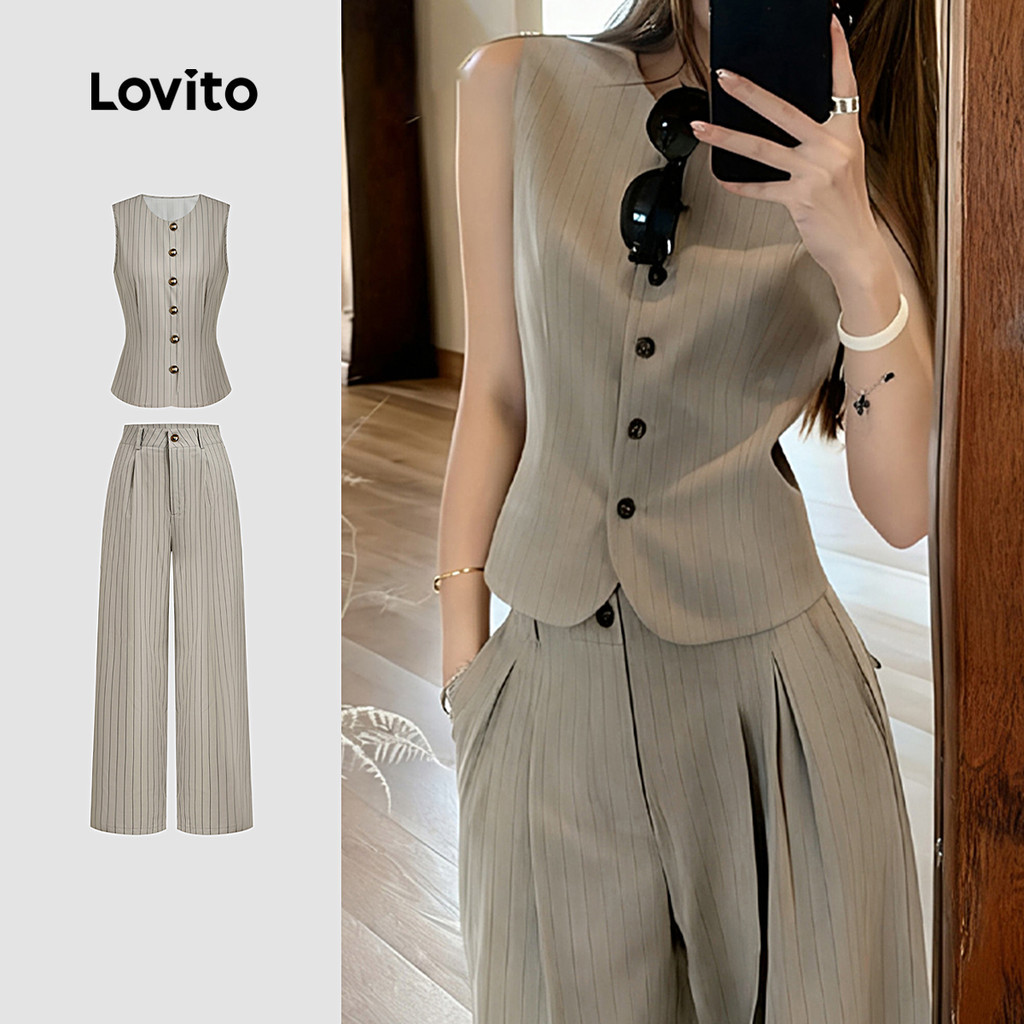 Lovito เสื้อผ้าลำลองหรือกางเกงในแบบมีกระดุม สำหรับการเดินทางสบาย ๆ ในฤดูใบไม้ผลิ/ฤดูร้อน L156AD233