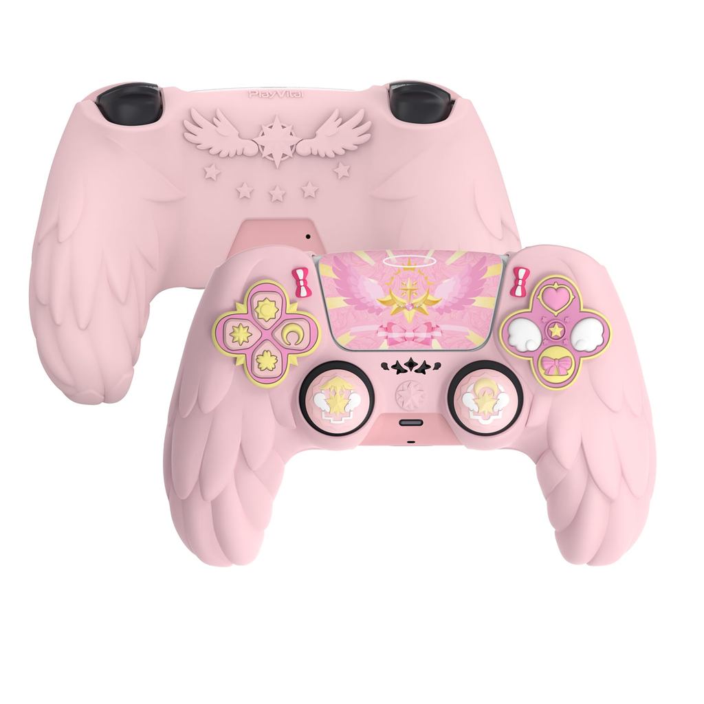 Magic Wings ฝาครอบซิลิโคนป้องกันผิวสําหรับคอนโทรลเลอร์ PS5 – Soft Anti-Slip Grip Protector Case สําหรับคอนโทรลเลอร์ PS5 พร้อม Thumbstick Caps & สติกเกอร์- สีชมพู