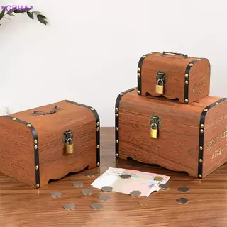 GPHA> 1 ชุด Vintage Treasure กล่องเก็บไม้หีบสมบัติพร้อมล็อค Piggy Bank Organizer กล่องประหยัดสําหรับตกแต่งบ้านใหม่
