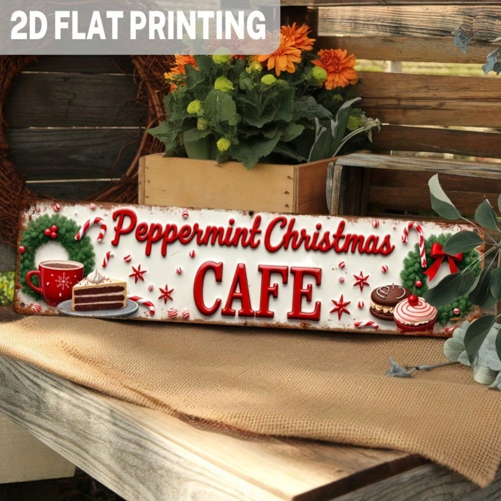 Vintage Peppermint Christmas ป้ายโลหะ 3.93x15.74 นิ้ว - Rustic 2D Flat Wall Decor เทศกาล Holiday Caf