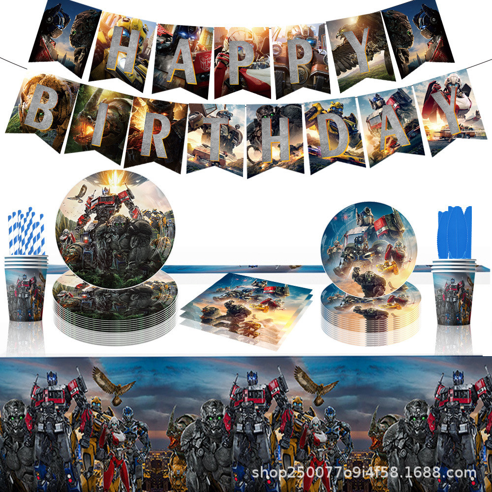 ชั้นวางจาน christmas plate Transformers Childrens Robot Party Paper Plate Tissue Paper Cup Optimus P
