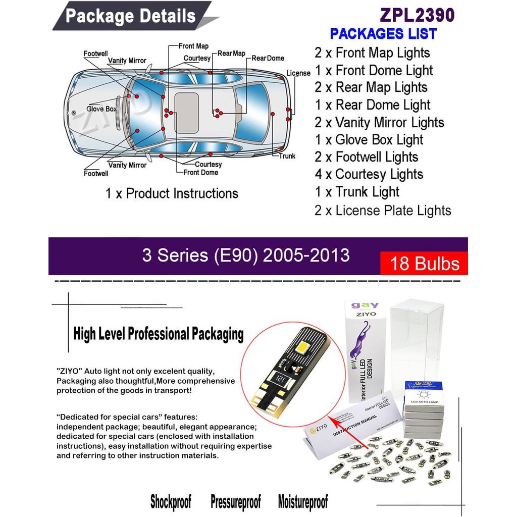 ZIYO LED Interior Light Kit Replacement for BMW E90 E91 E92 E93 3 Series 2005-2013, 6000K Xenon Whit