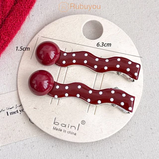 Rubuyou กิ๊บติดผมวินเทจขอบขาว กิ๊บติดผมลายจุดสีแดงไวน์ กิ๊บติดผมหน้าม้าโลหะลูกปัดกลม-COD