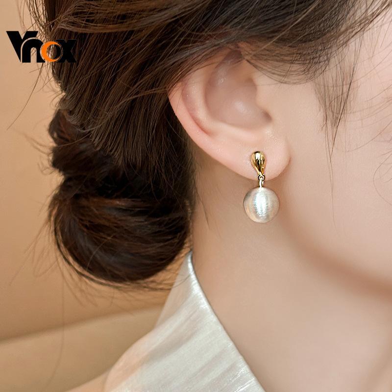 Vnox White Ball Drop Earring for Women Girl,Gold Daily Fashion Dangle Elegant Earrings