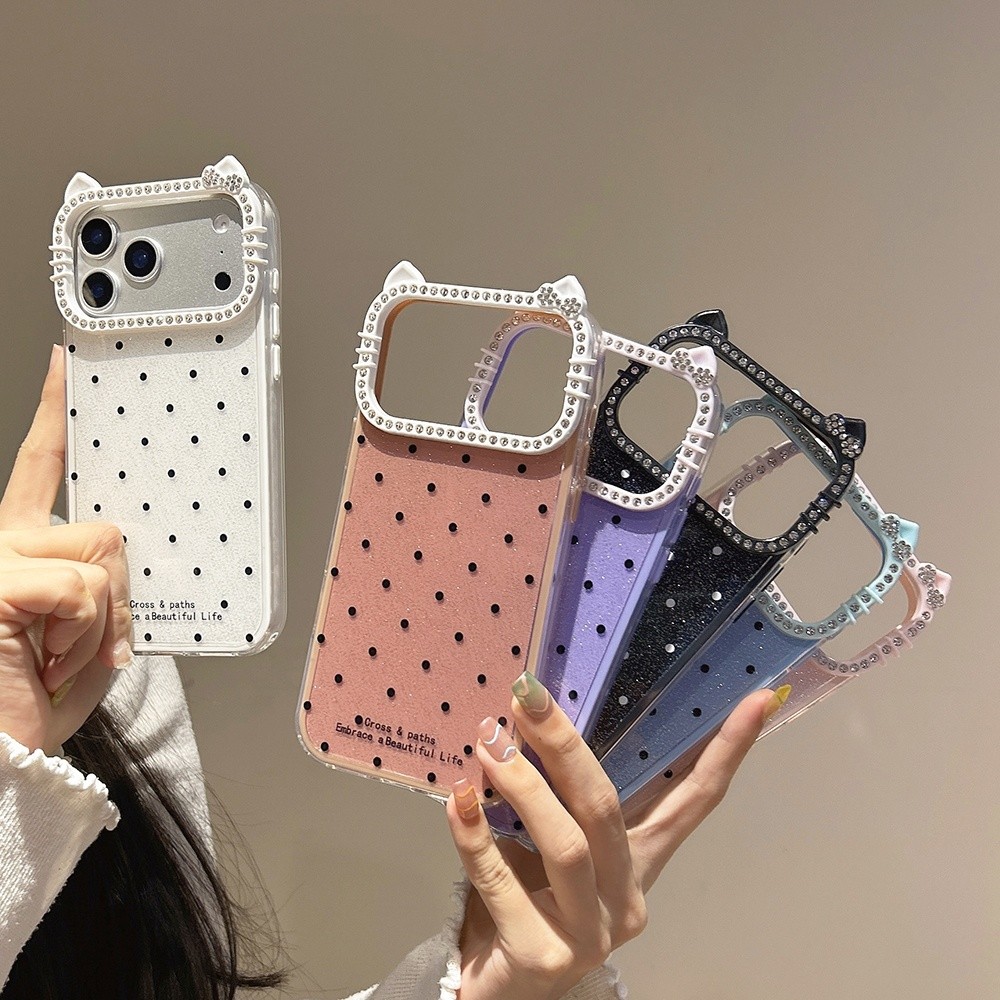 3 in 1 Dot อะคริลิคเพชรแมวกรอบเคสโทรศัพท์สําหรับ iPhone 17 Pro Max 17 Air 16 Plus 15 14 13 12 11 กันกระแทกป้องกันปลอก