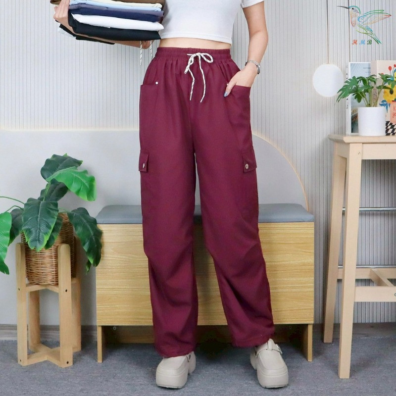 HMB® กางเกงขายาว 9ส่วน กางเกงคาร์โก้ผู้หญิง ผ้าฝ้าย เนื้อผ้านิ่ม ดีไซน์ทรงสวย แมทช์ง่าย  p9832#