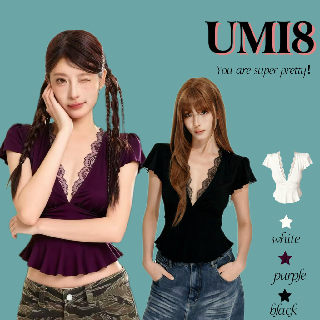 UMI8💝【ในสต็อก】💝 เสื้อตัวสั้นคอวีลึกแขนระบายผูกเอวสไตล์ใหม่ เสื้อเบลาส์สไตล์เซ็กซี่บริสุทธิ์สำหรับผู้หญิง