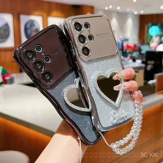 สาว กันกระแทก ตัวเคสใสมีกระจกหัวใจและสร้อยข้อมือ ลวดลายคลื่นแวววาว หุ้มทั้งเครื่อง สำหรับSamsung S25 Ultra 24 23 22 EF