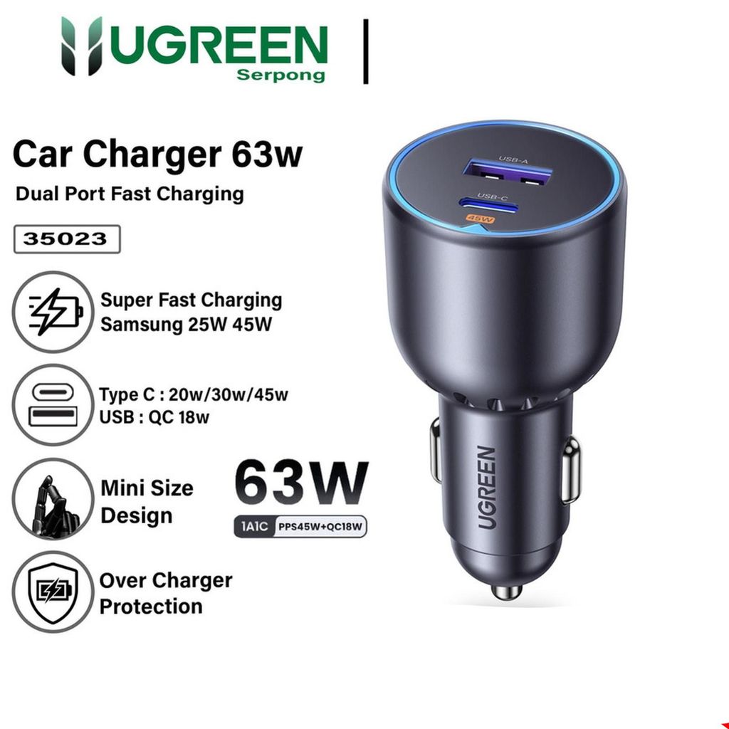 Ugreen 35023 Car Charger Fast Charging 63W Dual Port Output Type C + USB A QC PD 3.0 Car Charger Sav