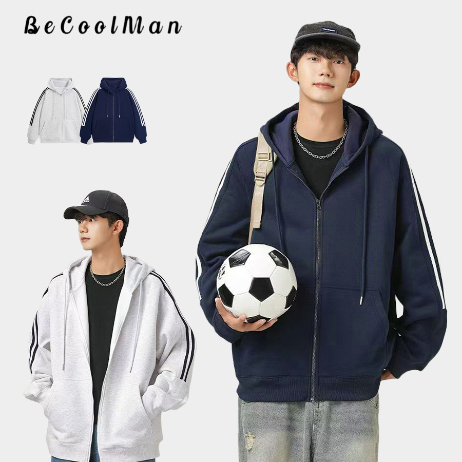 💥BecoolMan💥แจ็คเก็ตฮู้ดแฟชั่น หนา สไตล์มินิมอล สเวตเชิ้ตทรงหลวม Unisex Streetwear