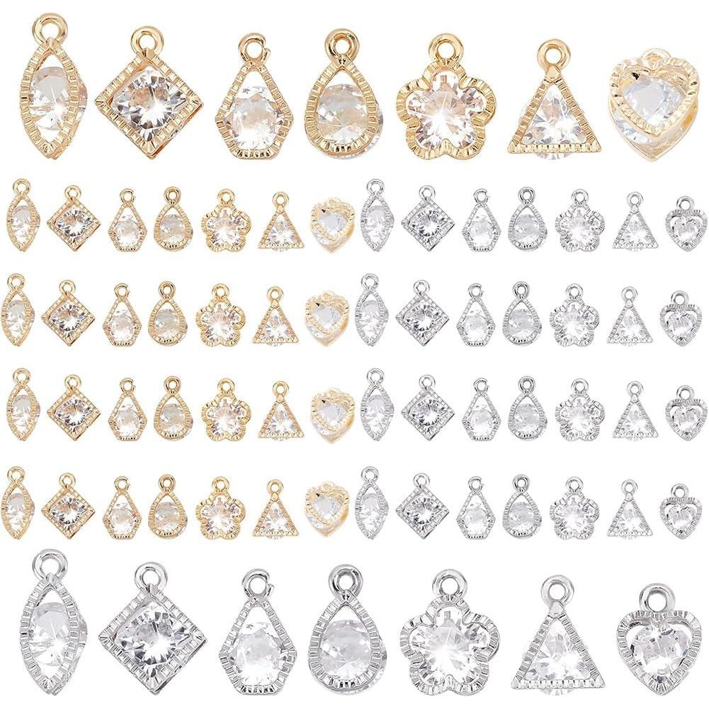 PH PandaHall ชุดเครื่องประดับ 70 ชิ้น 7 สไตล์ Zirconia Alloy Charms ทองคำเงิน รูปหัวใจ/ดอกไม้/ตาม้า/