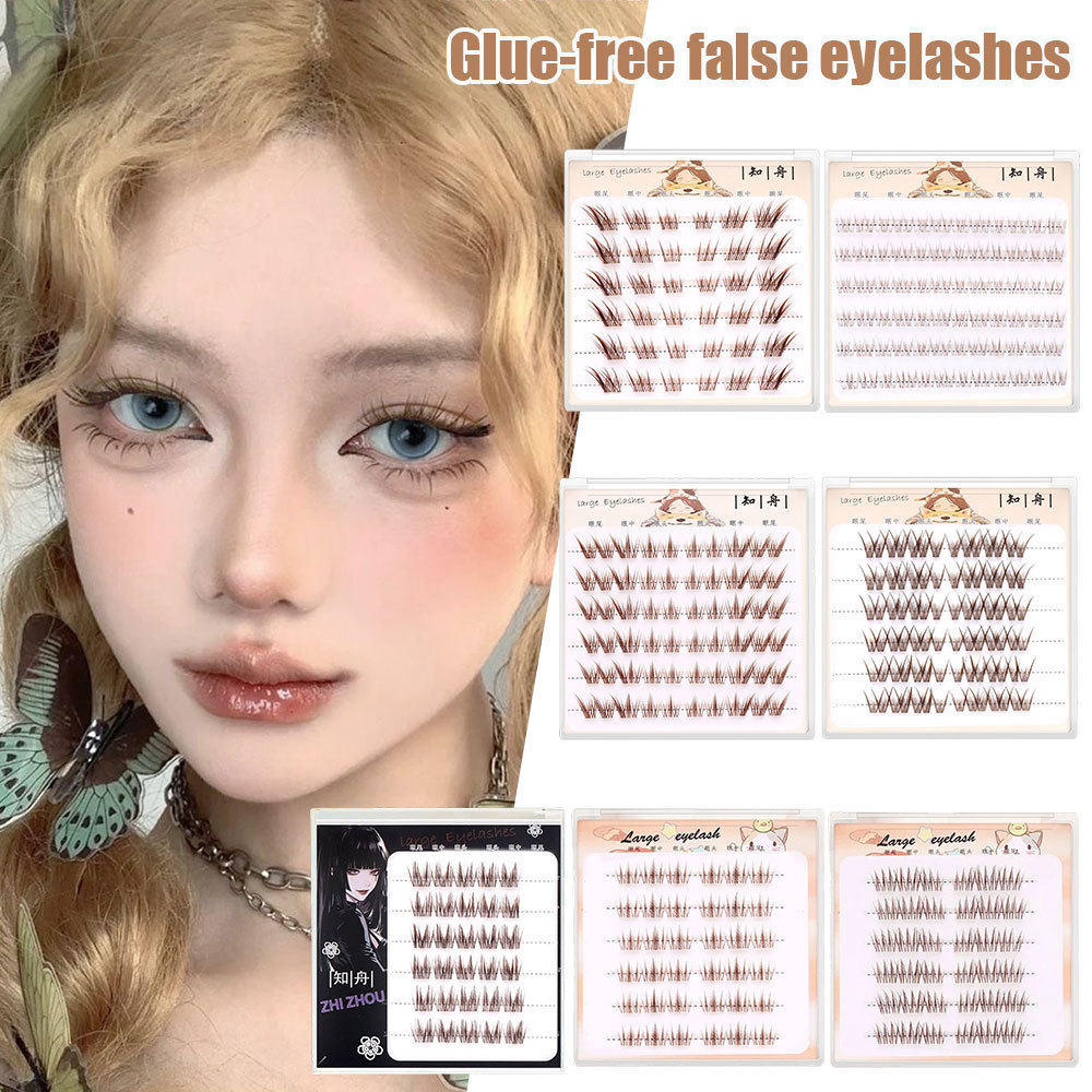 Brown Segmented Eyelashes Clusters Eyelash Self-กาวGraftingกาวฟรีDIYความงามทุกวันใช้อะนิเมะEyes 6 แถวLash Extension