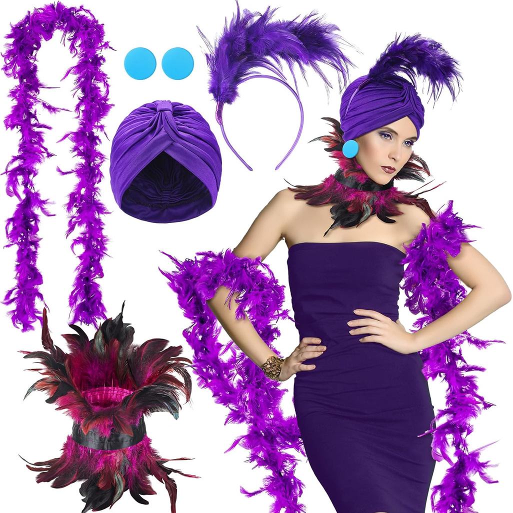 Newcotte 5 Pcs Villain Costume for Women Purple Feather Blue Collar Button Earrings Elastic Hat Feat