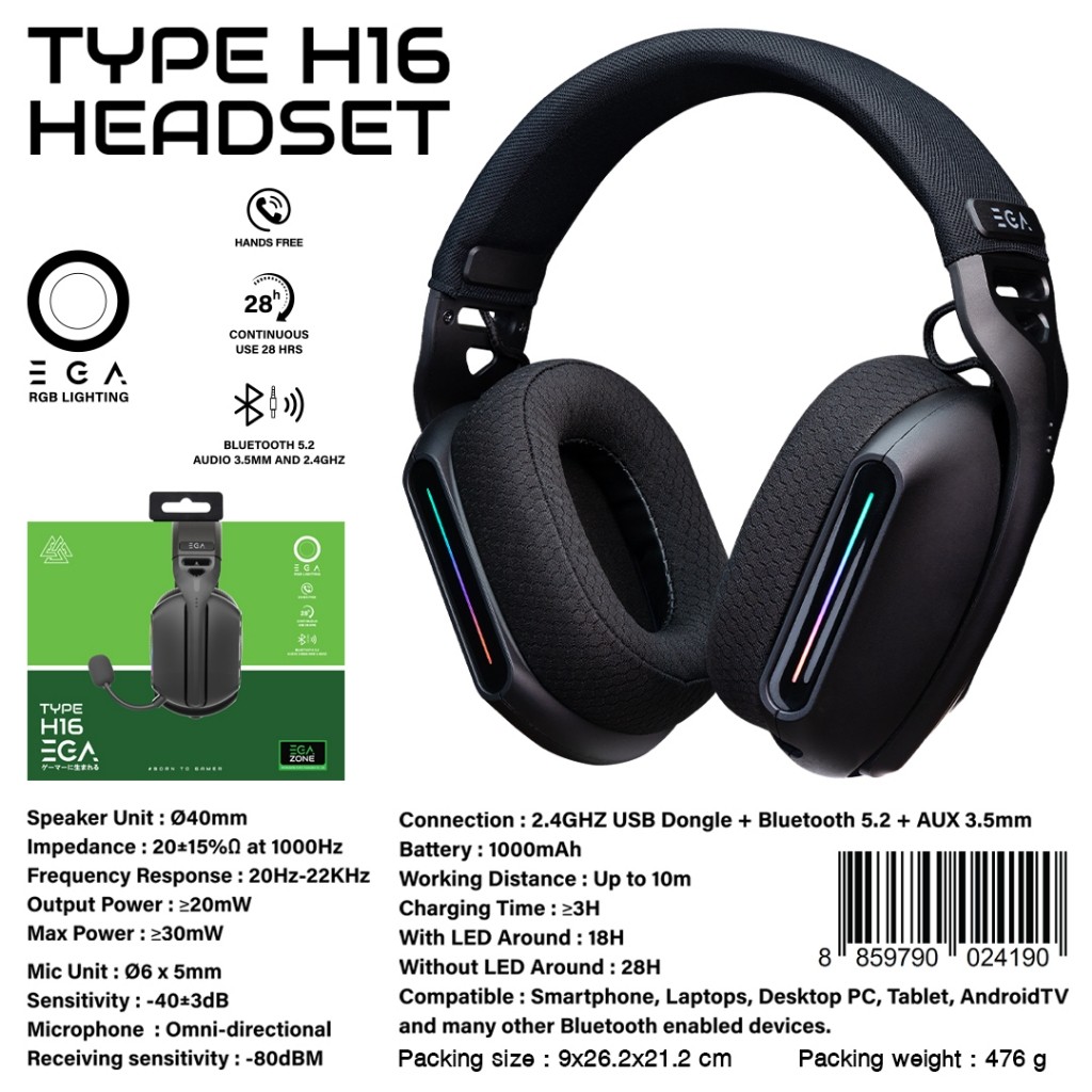 หูฟังเกมมิ่งไร้สาย EGA TYPE H16 H17 H18 bluetooth, Wireless,สายAUX3.5 Gaming Headset RGB