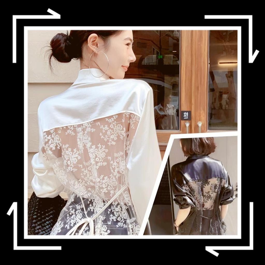 dode.mall เสื้อเชิ้ตผู้หญิงแขนยาวแต่งขอบลูกไม้สไตล์ฝรั่งเศส ผูกด้านหลัง ดีไซน์เปิดหลัง ทรงหลวม99231