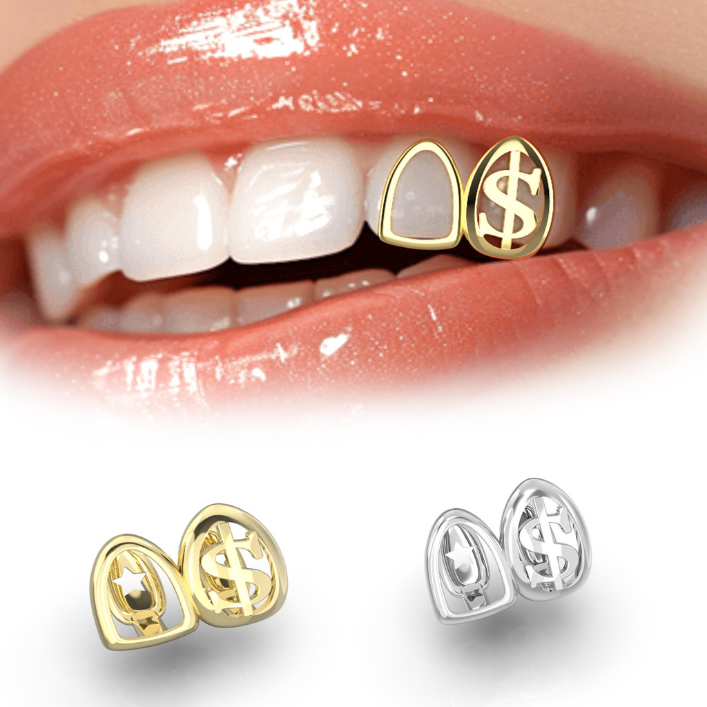 Aoxiang Hollow Dollar วงเล็บคู่ Daily Outing Street Cool Glossy Golden ฟัน Hip Hop Hip Hop Braces อุ