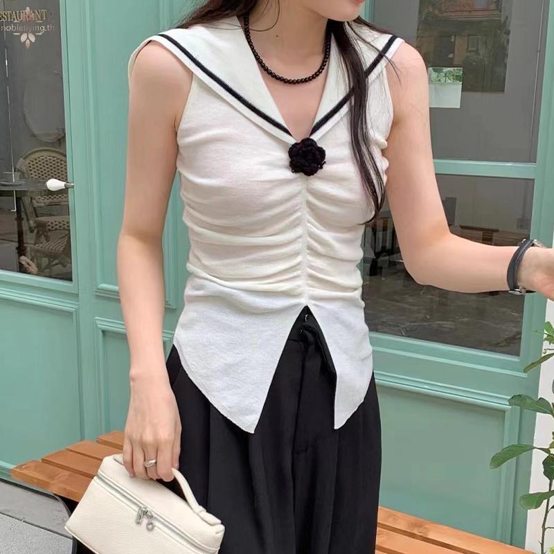 Nf แฟชั่นเกาหลีกองทัพเรือคอปกถัก Camisole ผู้หญิงจีบ Chic 3D ดอกไม้แขนกุด Slim Tank Top nobleflying