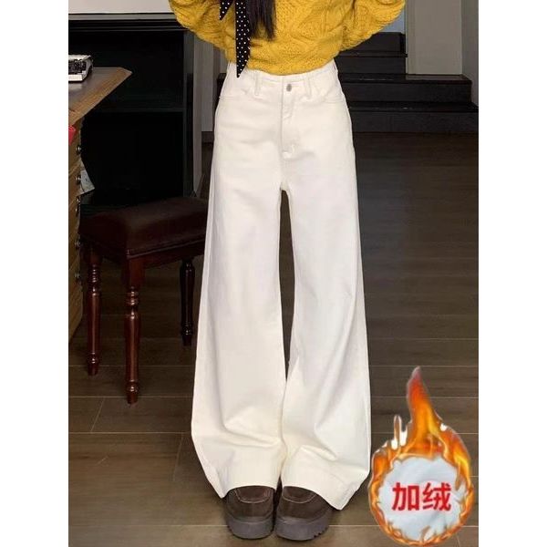 กางเกงยีนส์ขายาว jinn jeans กางเกงยีนส์สีขาวบุขนกำมะหยี่หนาพิเศษแนววินเทจสไตล์อเมริกันสำหรับผู้หญิงก