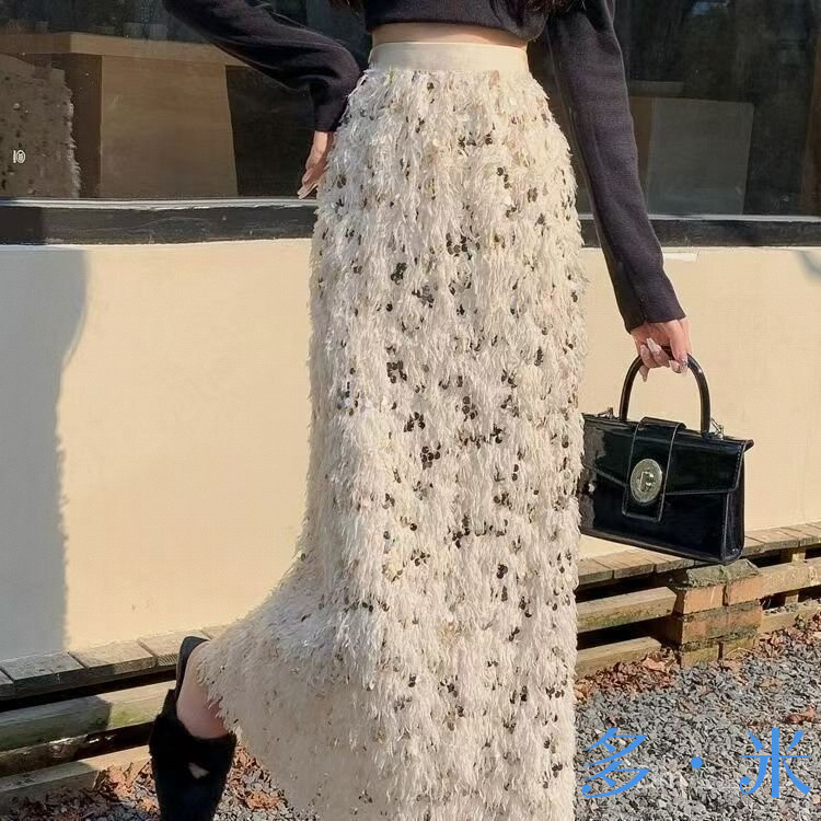 กระโปรงหญิง SDD1 สไตล์ใหม่ของฝรั่งเศส ประณีตด้วยการเย็บปักถักร้อยและเลื่อมสีแอปริคอท เหมาะสำหรับฤดูก