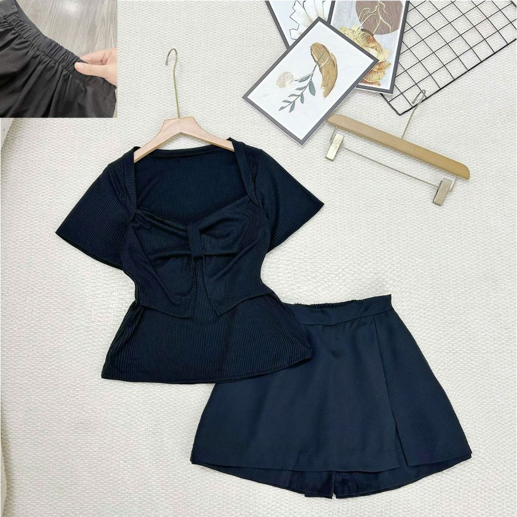 SET เสื้อยืดคอเหลี่ยมไซส์ใหญ่สําหรับผู้หญิงพร้อมกางเกงกระโปรงทรงเอสําหรับสาวอวบ G37+GVM