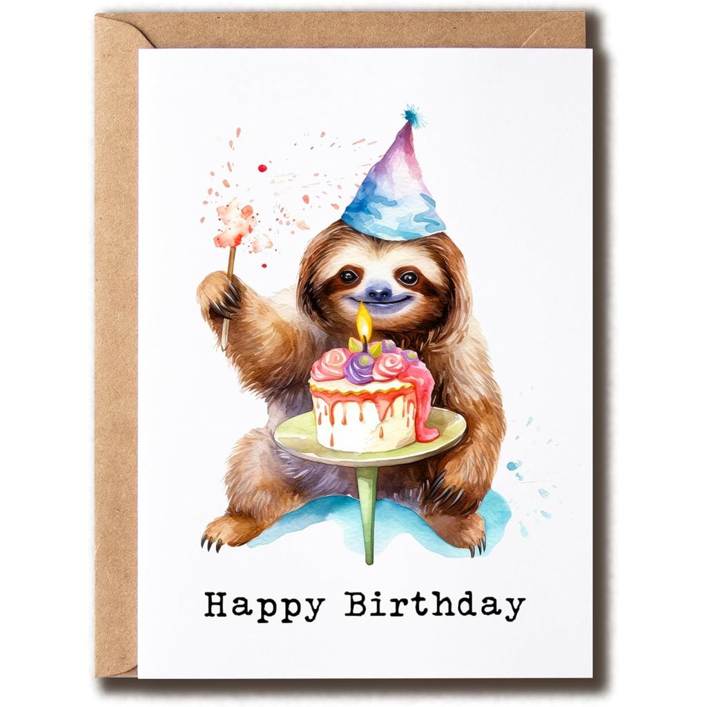 การ์ดวันเกิด Sloth น่ารัก - Sloth Happy Birthday Greete - Sloth With Bday Cake Card - Cute Congrats 