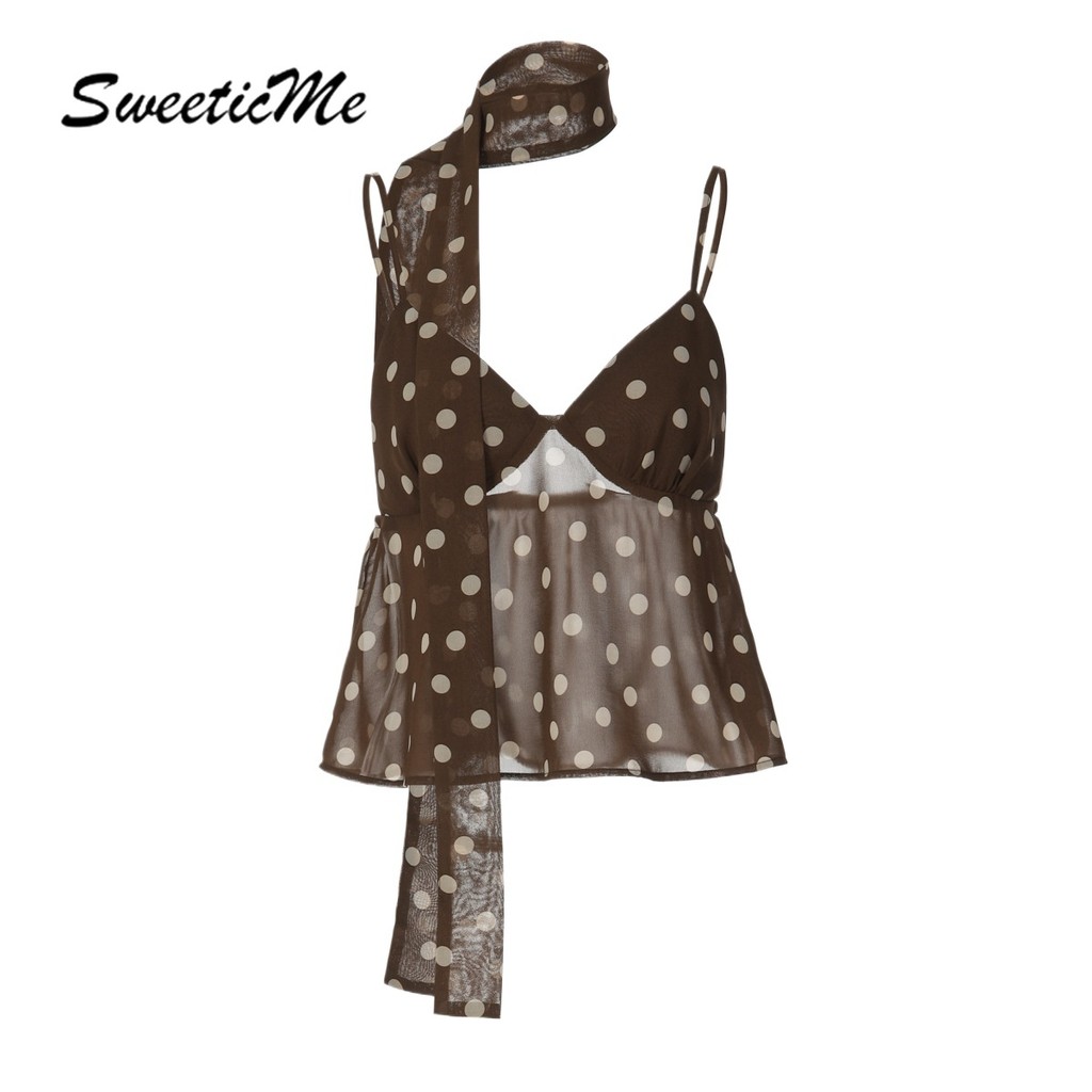เสื้อสายเดี่ยว SweeticMe แบบซีทรูลายจุดและมีริบบิ้น แฟชั่นใหม่สำหรับสตรี