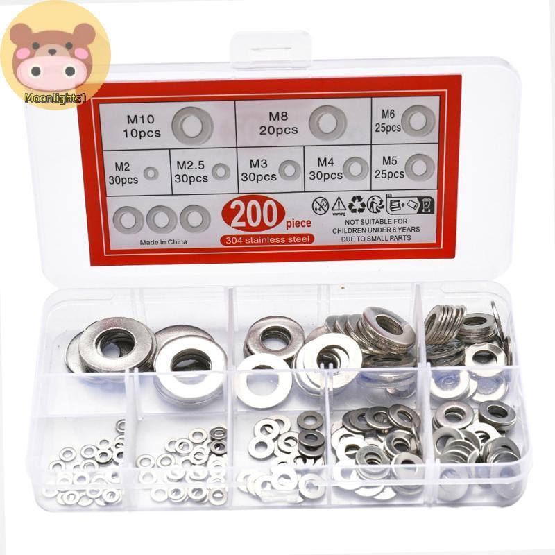 Moonlights1 910/200pcs เหมาะสําหรับตกแต่งบ้าน 304 สแตนเลสแบนเครื่องซักผ้า Assortment Kit (M2 M2.5 M3