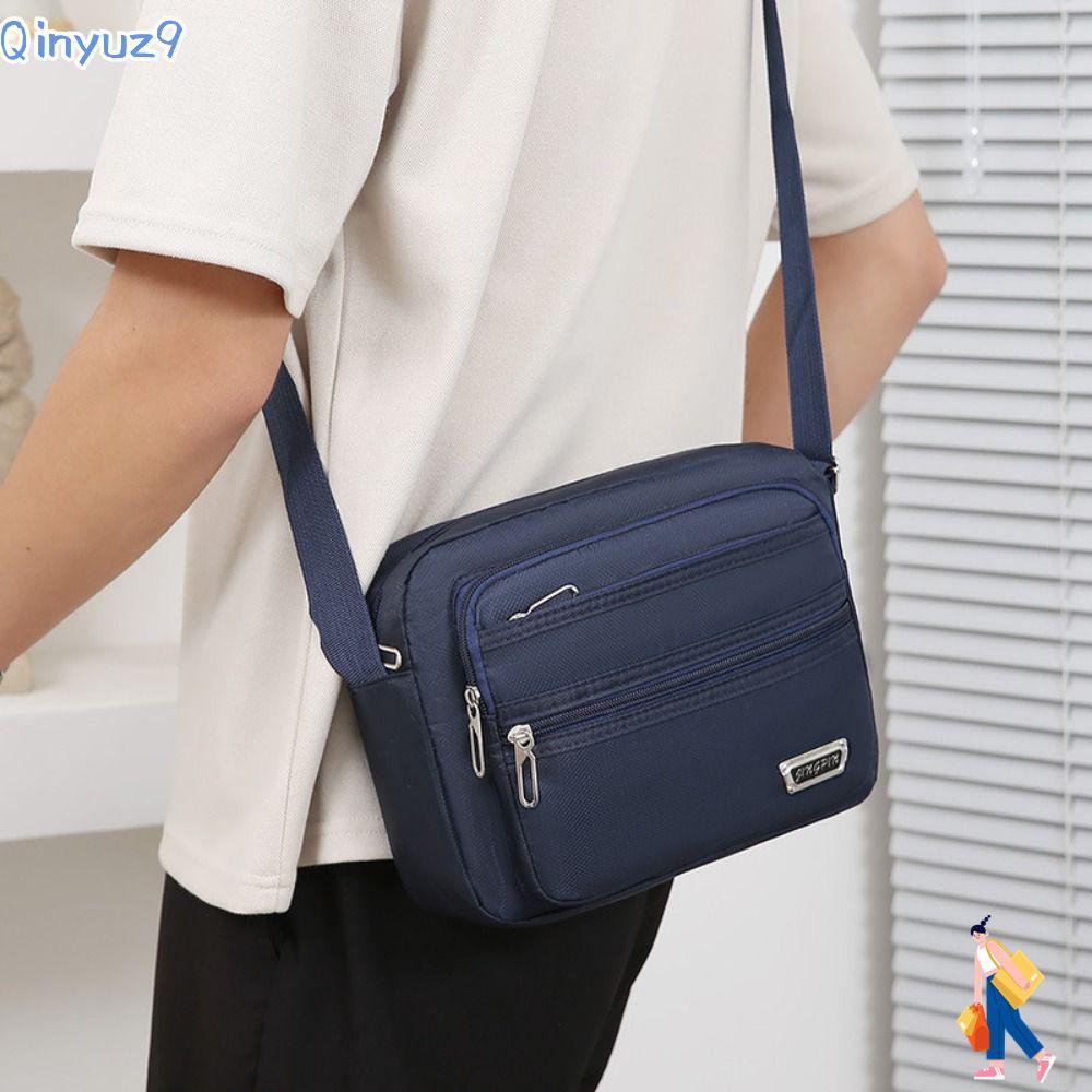 QINYUZ9 กระเป๋าสะพาย,สีดําสีน้ําตาลสีฟ้าสีเขียว 4 ซิป/ 6 ซิปผู้ชายกระเป๋าสะพายข้าง,ผ้าสบายๆสี่เหลี่ยมผืนผ้าไนลอนขนาดใหญ่ Satchel Travel