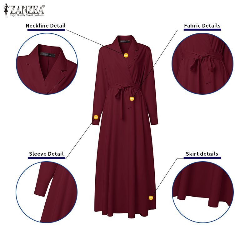 ZANZEA ชุดเดรส A-Line วินเทจสําหรับผู้หญิงปกแขนยาวผูกเชือกหรูหราขั้นสูง — صورة 7