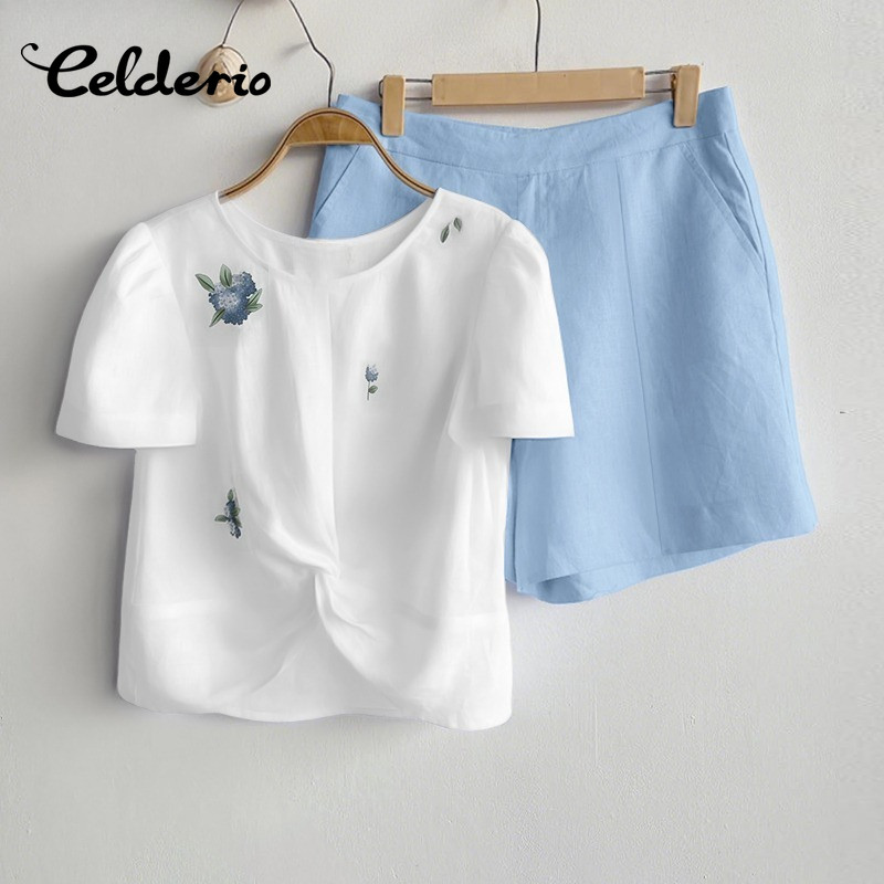 Celderio ผู้หญิงฤดูร้อน Raglan แขนดอกไม้พิมพ์ O คอผูกปมด้านบนชุดสองชิ้น Mini Cropped กางเกงขาสั้นชุด