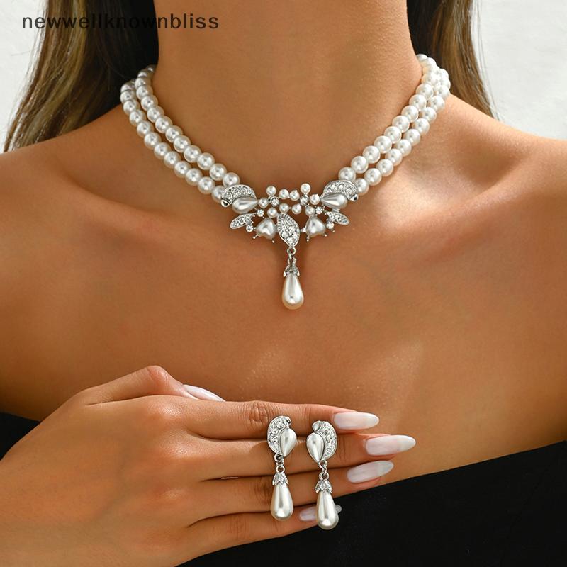 ใหม่wellknownbliss แฟชั่นสร้อยคอมุกเทียมสองชั้นสร้อยคอมุกต่างหูเครื่องประดับสร้อยคอลูกปัด CCD