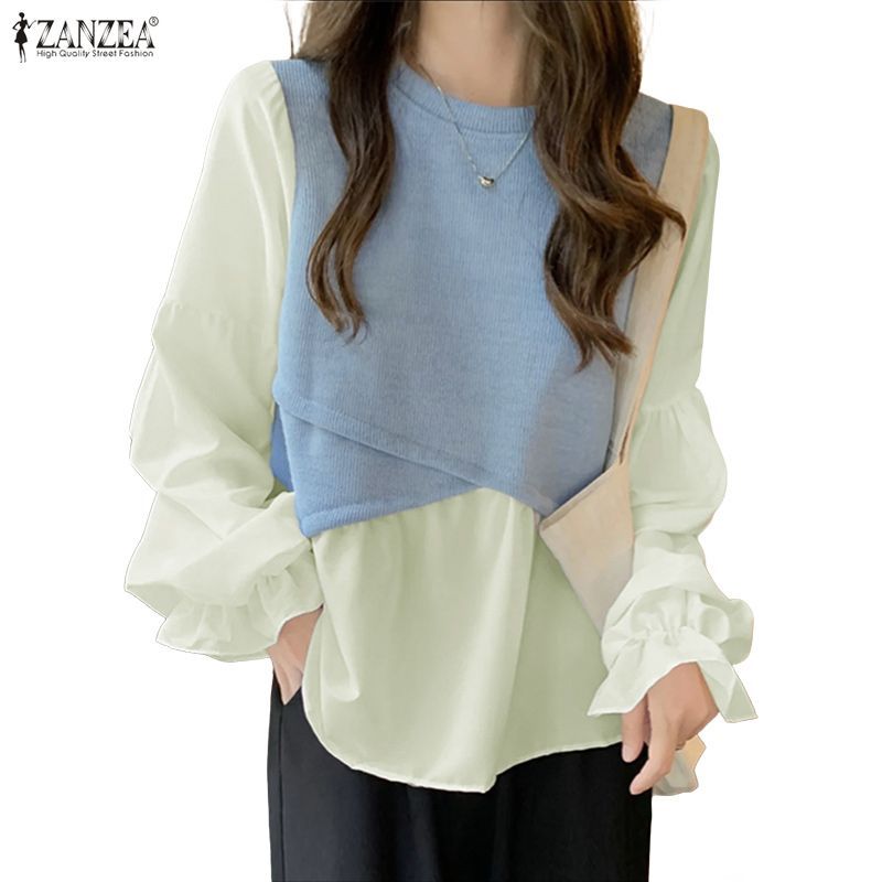 ZANZEA เสื้อเบลาส์คอกลมสีตัดกันสำหรับผู้หญิง