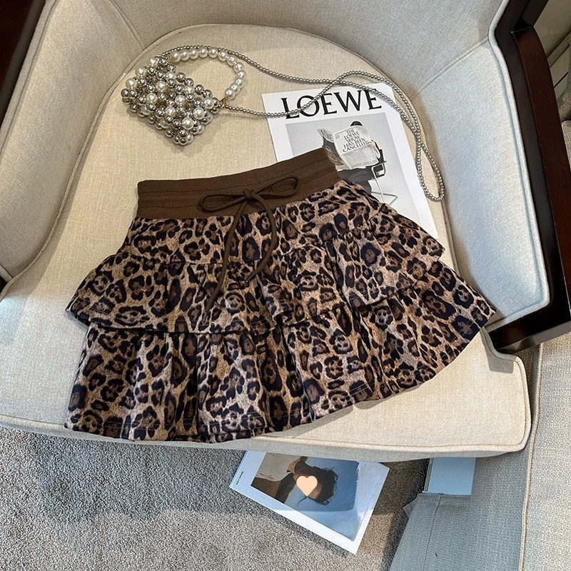 Cool Girl American Style Leopard Print Tulle Cake Skirt ใหม่เอวสูงกระโปรงขอบสําหรับผู้หญิง