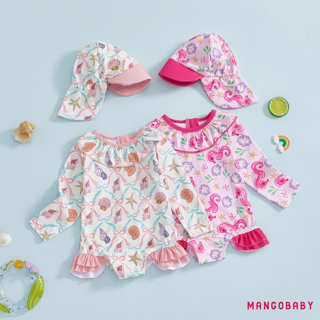 ชุดว่ายน้ำRomperแขนยาวรอบคอสัตว์ทะเลพร้อมหมวกและRash Guard