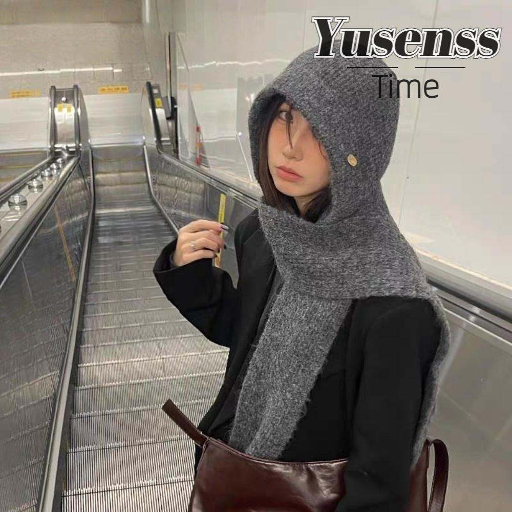 ยูเซ็น ไหมพรม ผ้าพันคอกับหมวกในชิ้นเดียว สำหรับฤดูหนาว สีทึบอบอุ่นและนุ่มสบาย