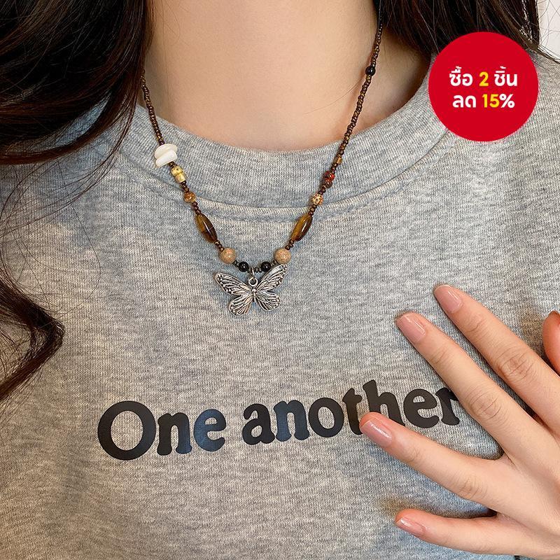ใหม่ สร้อยคอโซ่ ลูกปัดหินธรรมชาติ รูปผีเสื้อ สไตล์จีนย้อนยุค เรียบง่าย สําหรับผู้หญิง
