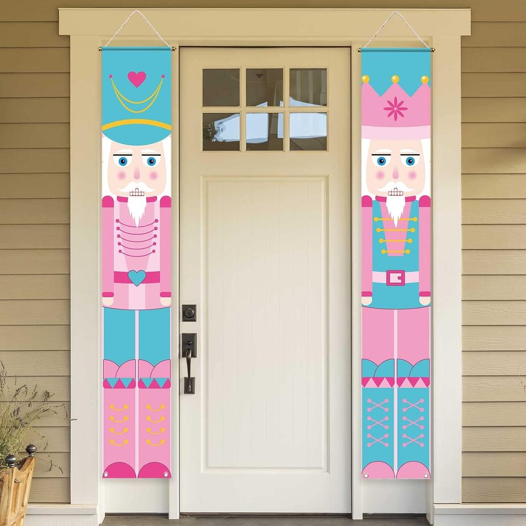 Allenjoy 11.8" x 70.9" 2PCS Pink Nutcracker Soldier Porch Sign Fairy Tale Christmas Party Welcome Xm